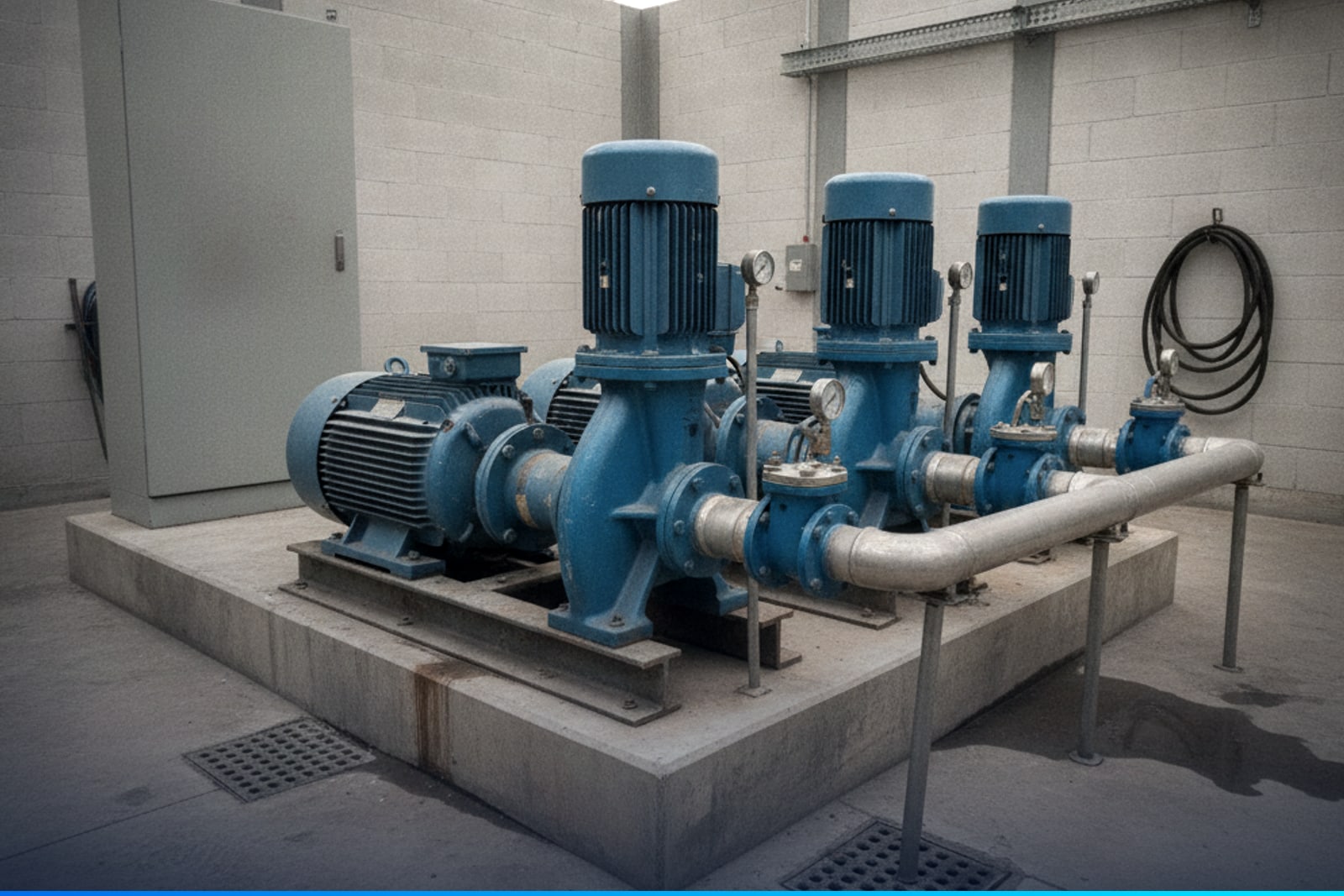Bancada de bombas centrífugas en una planta de tratamiento de agua
