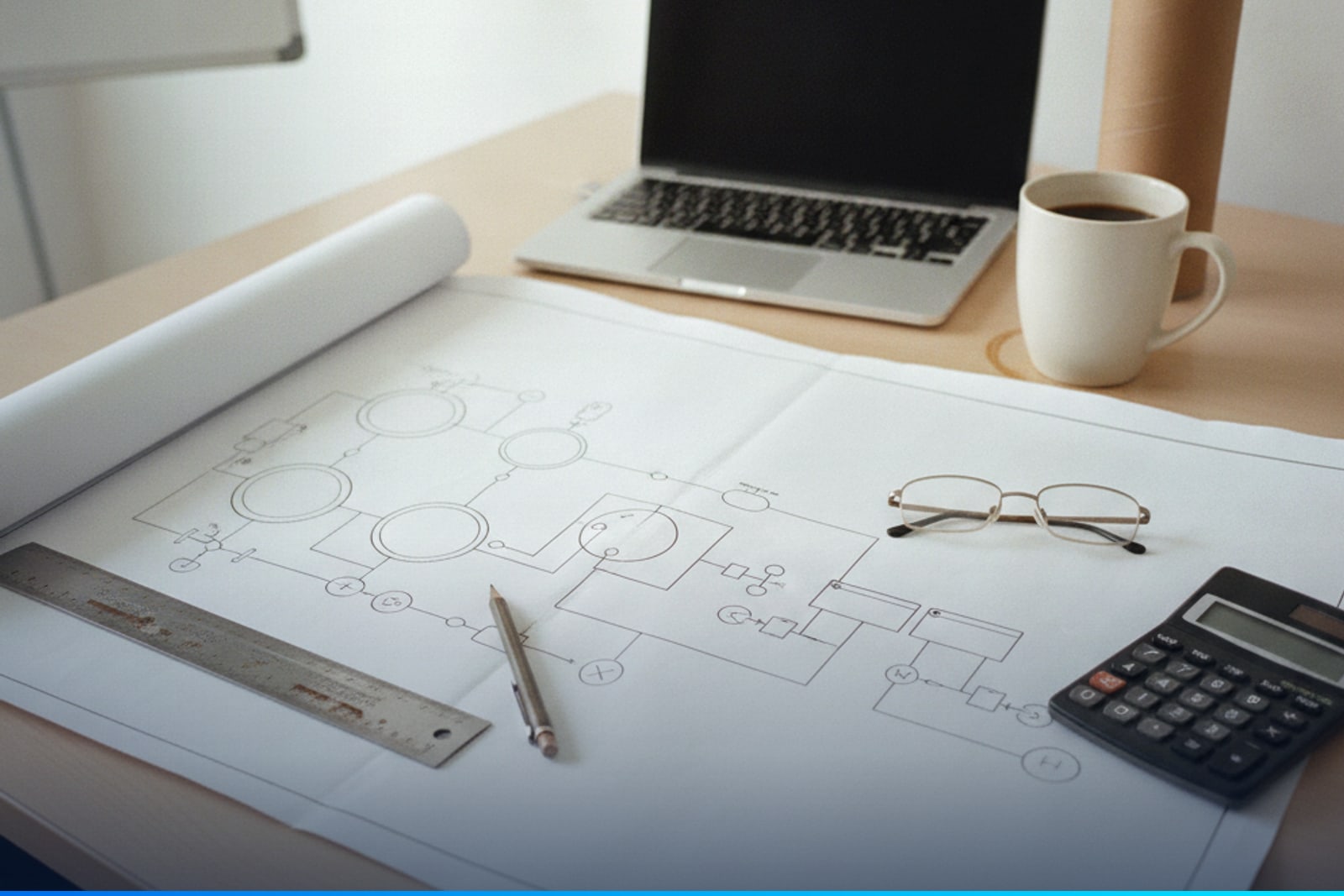 Diagrama de flujo de proceso sobre el escritorio de ingeniería