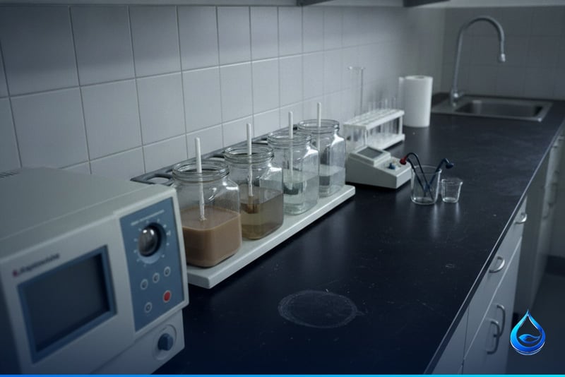 Laboratorio de análisis de agua con prueba de jarras y equipo de medición