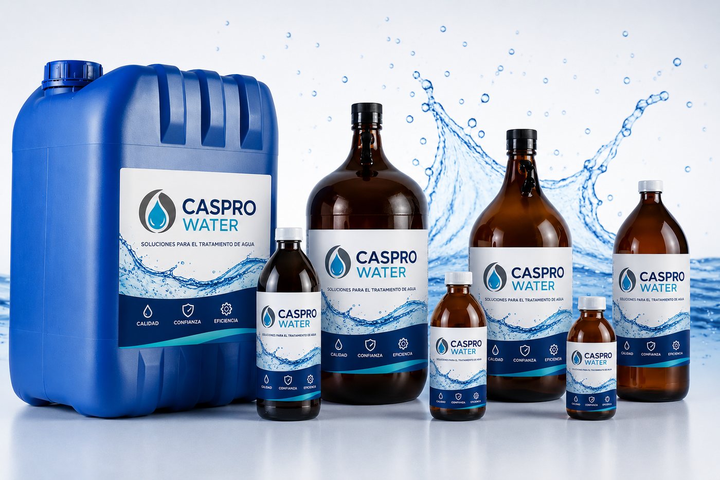 Línea de químicos para tratamiento de agua en envases CasPro Water